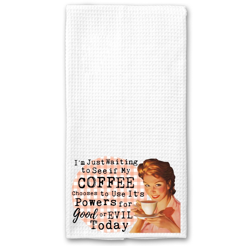 Funny Retro Coffee Powers Good or Evil Waffle Weave Kitchen Towel White